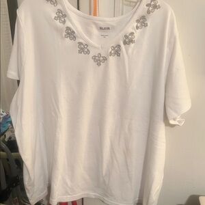 Blair White Short Sleeve Top with Gray Embroidery